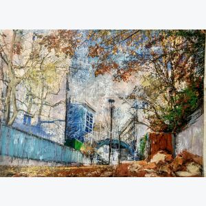Ménilmontant, vers la passerelle. : tableau ou s'entrecroisent peinture et photo