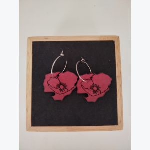 Boucles d’oreilles créoles en cuir rouge coquelicot gravé au laser – acier inox hypoallergénique
