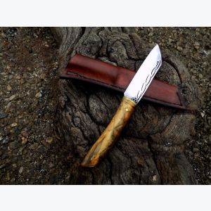 Couteau droit en Buis et Laiton, Lame sandwich.