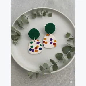 Boucles d'oreilles légères argile polymère, Bijou texture tissu acier inoxydable, Cadeau femme original pois multicolores