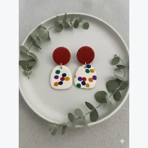 Boucles d'oreilles légères argile polymère, Bijou texture tissu acier inoxydable, Cadeau femme original pois multicolores