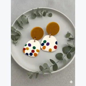 Boucles d'oreilles légères argile polymère, Bijou texture tissu acier inoxydable, Cadeau femme original pois multicolores