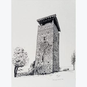Dessin noir et blanc de la Tour de Brizon imprimé sur feuille écru