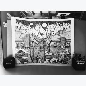 Dessin feutre sur feuille papier : viking, médiéval, dragon...