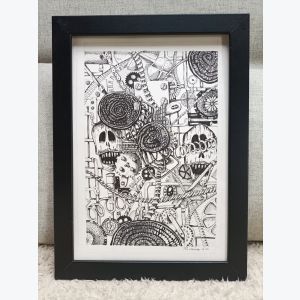 Dessin aux feutres noirs : tête de morts, mécanisme