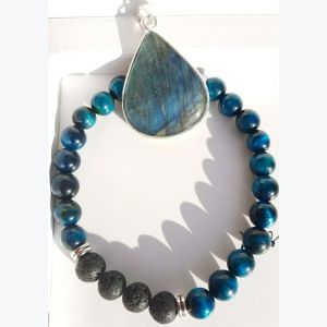 Bracelet en oeil de tigre bleu et lave