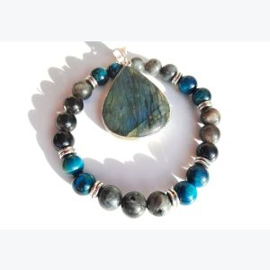 Bracelet en pierres naturelles de labradorite, œil de tigre bleu et obsidienne
