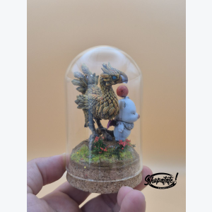 Diorama Chocobo & Mog sous cloche – Figurine artisanale inspirée de Final Fantasy